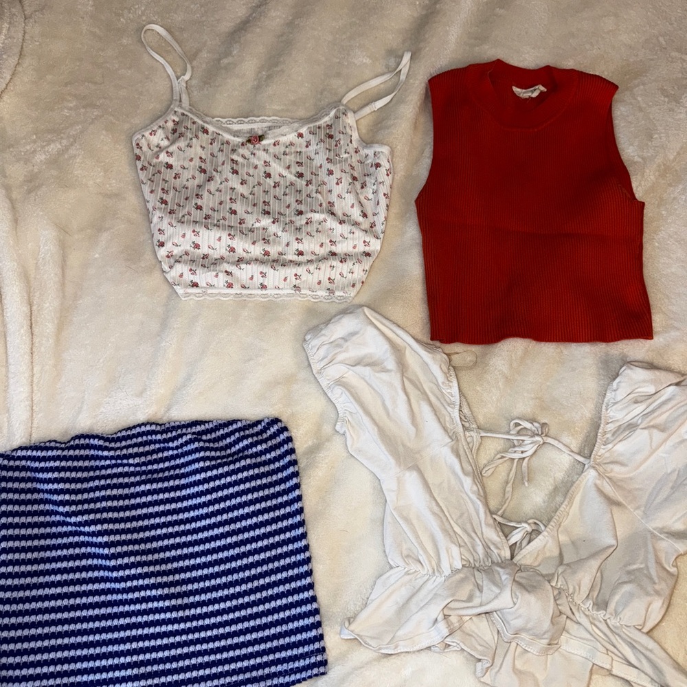 Red Sleeveless Top and Blue Striped Skirt Set